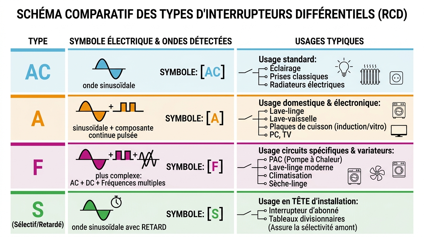 Schéma des types de disjoncteurs différentiels AC, A, F et S avec leurs usages