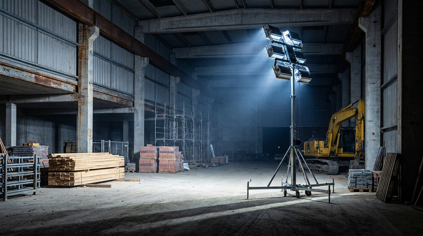 projecteur LED industriel éclairant l'intérieur d'un entrepôt de chantier BTP
